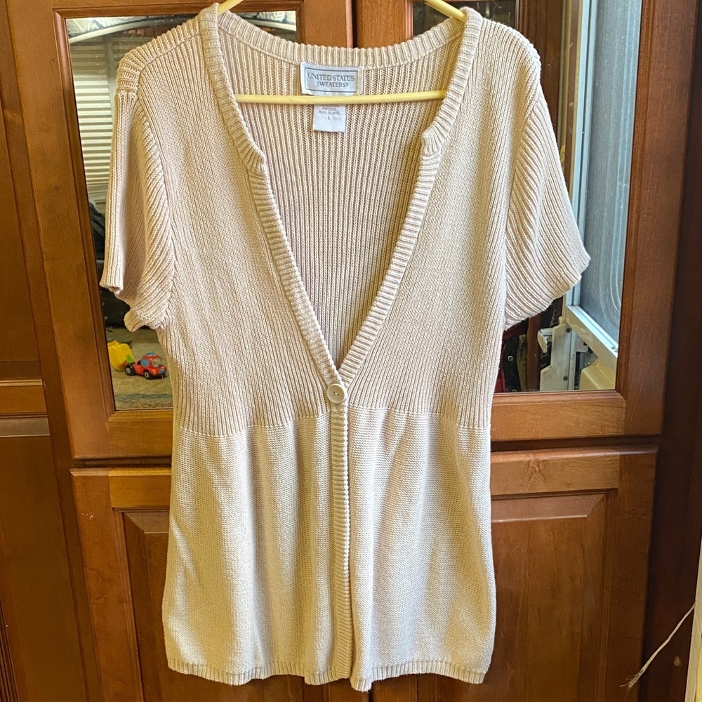 Cream Knit Large Short Sleeve Cardigan Spring Career Office Summer Collegiate